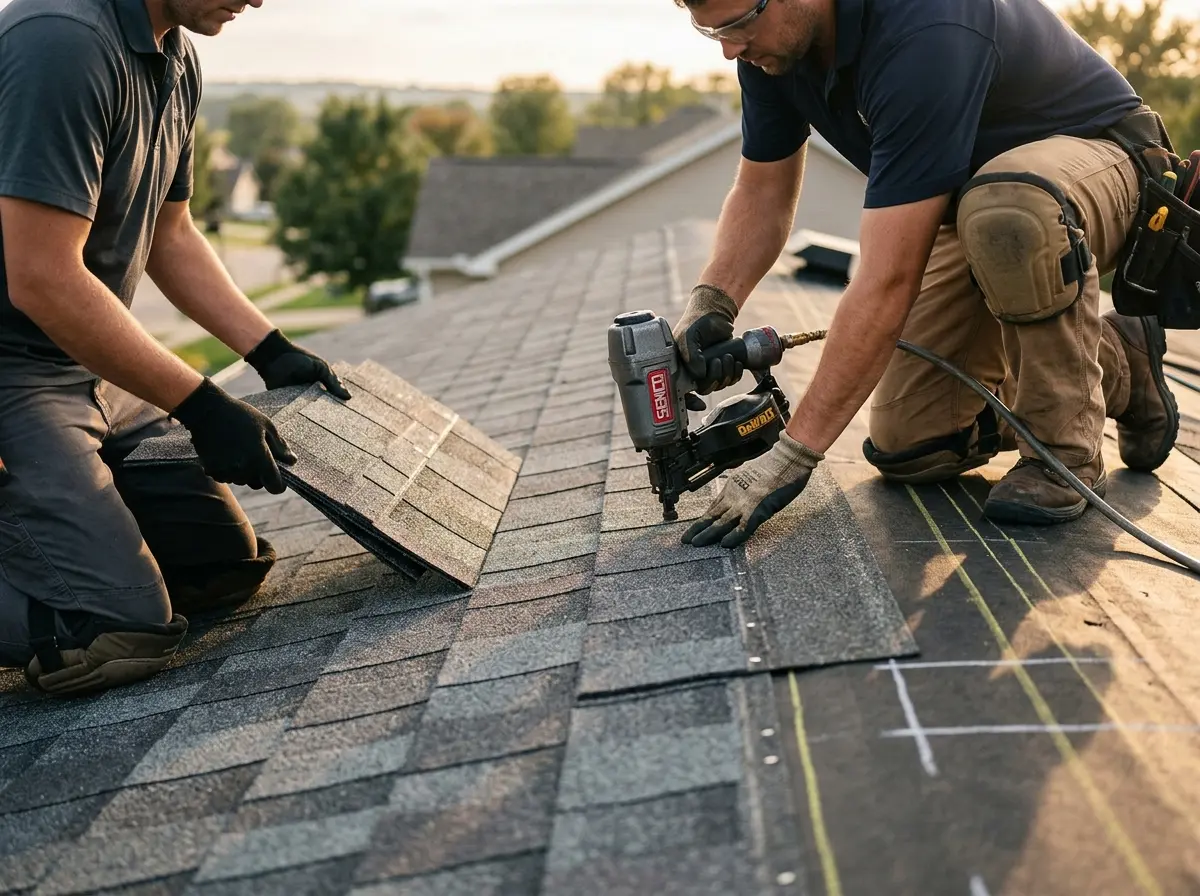 Professional roofer working on a residential roof in New Hyde Park